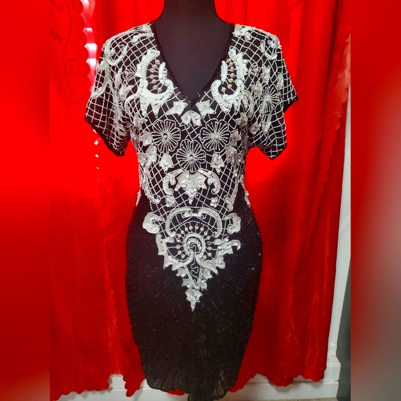 Vintage 80s Black and White beaded sequin dress size M - Picture 1 of 6